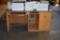 DESK, GRAY LAMINATE TOP WITH WOODGRAIN BASE,