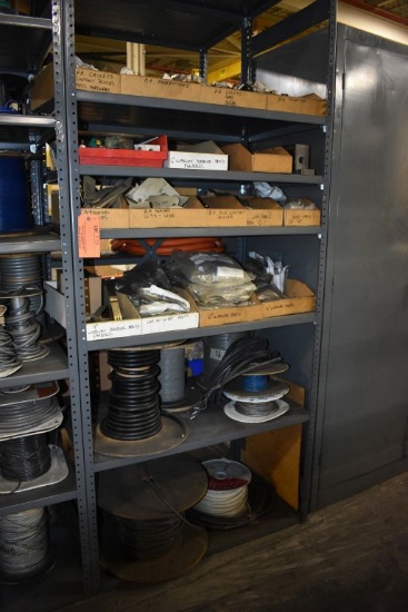 METAL SHELVING UNIT WITH MISC. ELECTRICAL PARTS AND CABLE