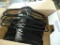 (2) BLACK BINS AND BOX OF ASSORTED HANGERS