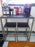 SMALL METAL FRAMED TABLE AND TWO MATCHING STOOLS