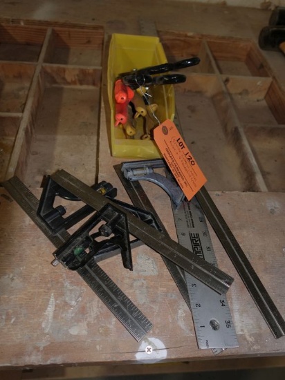(5) WIRE CUTTERS, METAL RULER AND (4) SQUARES WITH LEVELS