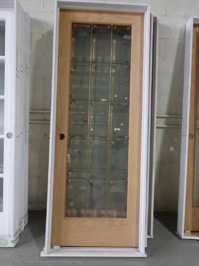 (3) PREHUNG OAK DOORS WITH BEVELED GLASS LIGHTS,