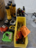 MISC. SCREWDRIVERS IN BINS, TAPE MEASURES AND FLASHLIGHTS