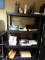 PLASTIC SHELVING UNIT WITH ASSORTED OFFICE SUPPLIES AND BOOKS