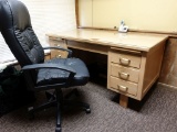 WOOD DESK WITH GLASS TOP AND HIGHBACK BLACK OFFICE CHAIR