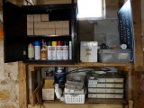 MISC. ON THESE TOW SHELVES, PAINT, SMALL CABINET,