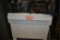 WHITE BENCH WITH LARGE ASSORTMENT OF WEIGHTS AND