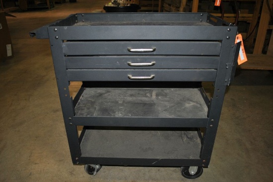 METAL SHOP CART WITH THREE DRAWERS AND TWO LOWER SHELVES