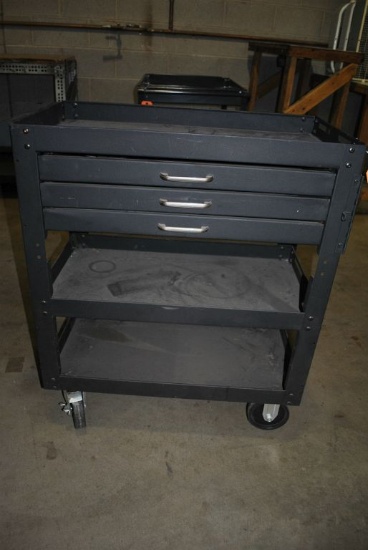 METAL SHOP CART WITH THREE DRAWERS AND TWO LOWER SHELVES