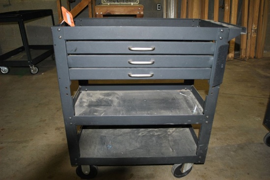 METAL SHOP CART WITH THREE DRAWERS AND TWO LOWER SHELVES