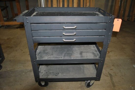 METAL SHOP CART WITH THREE DRAWERS AND TWO LOWER SHELVES