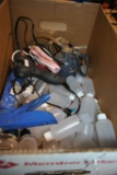 BOX WITH OIL CANS, CAULK GUN AND SMALL GLUE GUNS