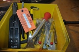 BIN WITH WRENCHES, KNIFE SHARPENER AND MISC.