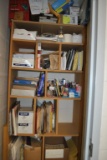 LARGE ASSORTMENT OF OFFICE SUPPLIES ON THESE SHELVES