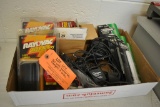 BOX WITH BATTERIES, CHARGERS AND BULBS