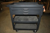 METAL SHOP CART WITH THREE DRAWERS AND TWO LOWER SHELVES
