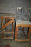 (3) ASSORTED BOX FANS AND (2) SHOP MADE WOODEN CARTS