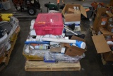 SKID W/POOL HOT TUB PARTS, TACKLE BOXES OF SEALS,