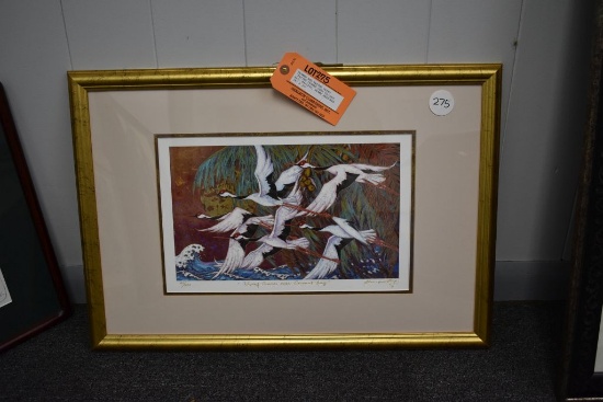 FRAMED AND MATTED PRINT "FLYING CRANES OVER COCONUT BAY"