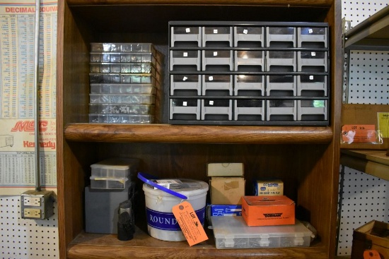 ASSORTED HARDWARE ON TOP 2 SHELVES: NUTS, BOLTS,