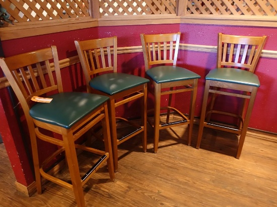 (4) BAR STOOLS, WOOD FRAME, GREEN VINYL SEAT,