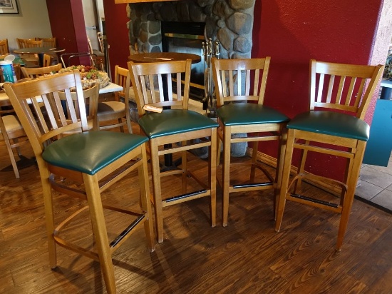 (4) BAR STOOLS, WOOD FRAME, GREEN VINYL SEAT,