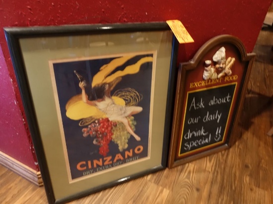 29" x 22" PLASTIC FRAMED CINZANO PRINT & 27" x 17"