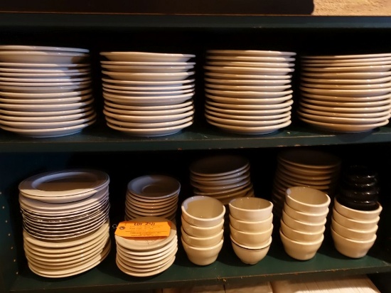LOT WITH SOUP BOWLS, SOUP CUPS, SAUCERS ON (2) SHELVES