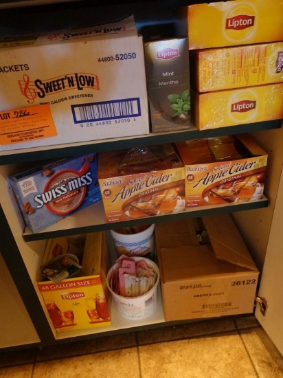 CONTENTS IN LOWER CABINET, LIPTON TEA, SWEET & LOW PACKETS,