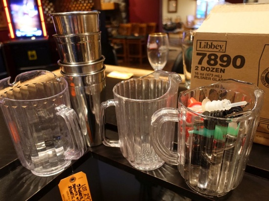 SHAKERS, POUR SPOUTS AND (3) PLASTIC PITCHERS