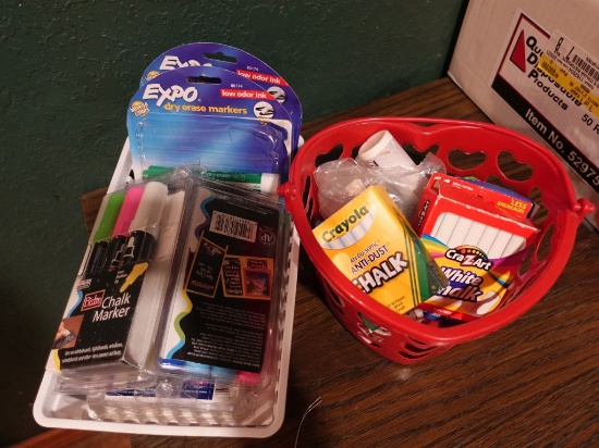 (2) SMALL BINS WITH NEON CHALK MARKERS, DRY ERASE MARKERS