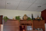 ALL DECOR ON TOP OF SHELVING, SMALL CERAMIC BUILDINGS