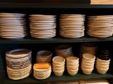 LOT WITH SOUP BOWLS, SOUP CUPS, SAUCERS ON (2) SHELVES