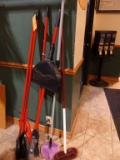 LOT OF ASSORTED BROOMS, DUST PANS, DUSTER