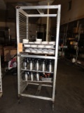 TRAY CART WITH CONTENTS, SYRUP DISPENSERS, CARAFES
