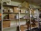 CONTENTS ON WOODEN SHELVING UNIT, DISPOSABLE TINS,