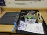 SWINGLINE PAPER CUTTER AND TRAY OF MISC. ITEMS,