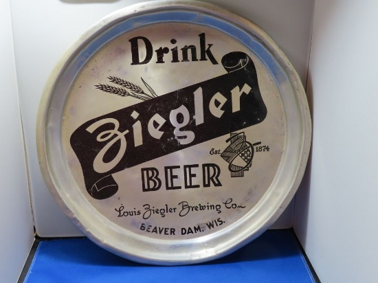 DRINK ZIEGLER BEER ROUND METAL SERVING TRAY,