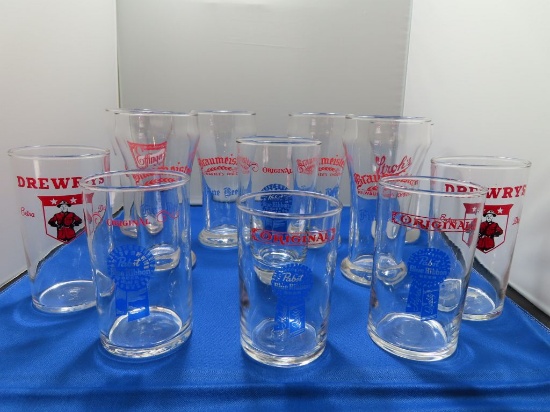 (12) ASSORTED BEER GLASSES, PABST, STROHS, DREWRYS, ETC.