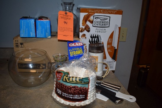 COFFEE GRINDER, CHICAGO CUTLERY KNIFE BLOCK, VASES
