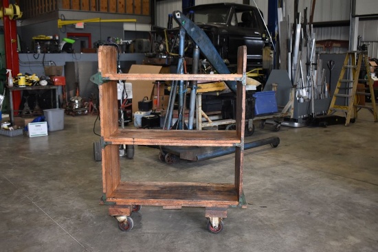 FAIRBANKS VINTAGE WOODEN BOOK CART, THREE SHELVES