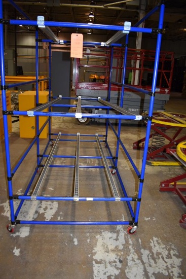 BLUE GRAVITY RACK WITH THREE LEVELS, ON CASTERS,