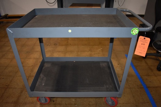 GRAY METAL SHOP CART ON CASTERS WITH TWO SHELVES,