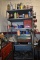 SHELVING UNIT WITH MISC. ELECTRICAL ITEMS
