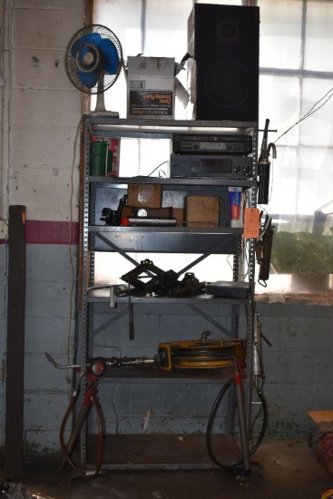 HOSE REEL, GREASE GUNS, RADIO AND SHELVING UNIT