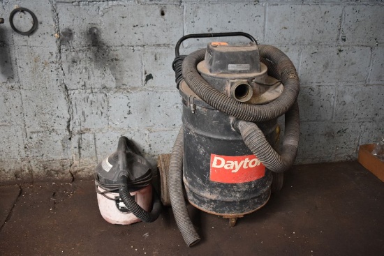 (2) WET DRY VACUUMS, DAYTON 16 GALLON AND SMALL VAC