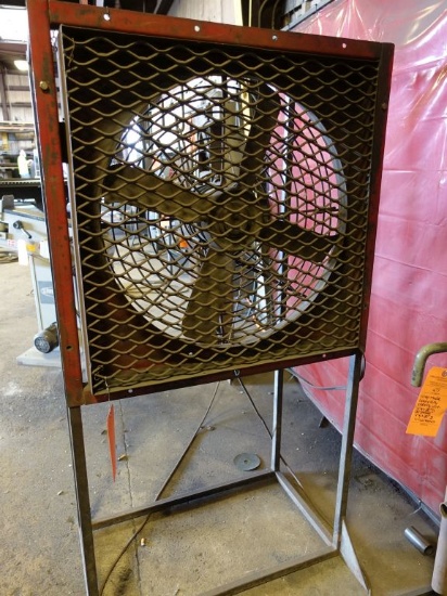 PEDESTAL SHOP FAN ON SHOP MADE ANGLE IRON TYPE FRAME,