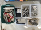 (6) BINS OF MISC. ITEMS, TELEPHONE CORDS, USB CORDS ETC.