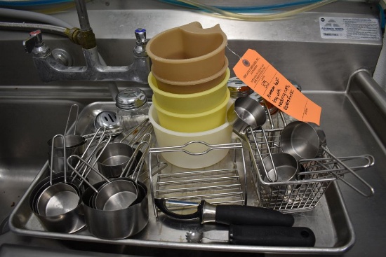 ALUMINUM HALF TRAY WITH MEASURING CUPS, SHAKERS AND MISC.