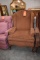 BROWN CLOTH WOOD LEG CHAIR, ANTIQUE